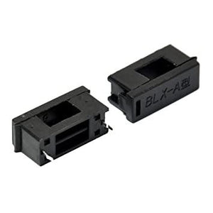 PCB Mount Fuse Holder 5mm x 20mm - two black plastic fuse holders with metal pins, one labeled "BLX-A型".