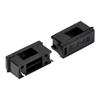 PCB Mount Fuse Holder 5mm x 20mm - two black plastic fuse holders with metal pins, one labeled "BLX-A型".