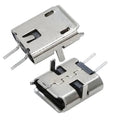 PCB Mount Micro USB Connector - two silver-coloured metal micro USB female ports with through-hole mounting pins angled for circuit board assembly.