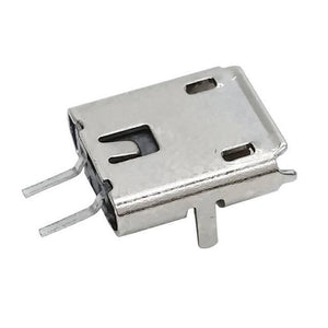 PCB Mount Micro USB Connector - a silver-colored metal micro USB port with two rear pins and two side mounting tabs shown in a close-up.