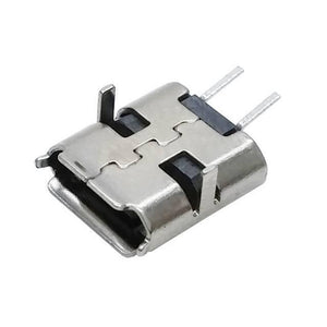 PCB Mount Micro USB Connector - shown as a close-up of a silver-coloured metal micro USB port with two rear-facing mounting pins.