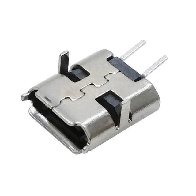 PCB Mount Micro USB Connector - shown as a close-up of a silver-coloured metal micro USB port with two rear-facing mounting pins.