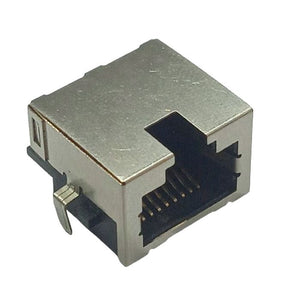 PCB Mount RJ45 Ethernet Connector - a metallic, rectangular modular jack with an exposed port and integrated pins for circuit board mounting.