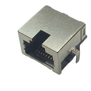PCB Mount RJ45 Ethernet Connector - a silver metal-shielded modular jack with an internal black plastic housing and visible gold-plated contact pins.