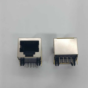 PCB Mount RJ45 Ethernet Connector - two silver and black metal modular jacks shown from the front and top-down perspective on a white background.