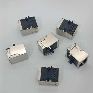 PCB Mount RJ45 Ethernet Connector - five silver and black metal modular jack components arranged on a white background.