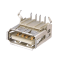 PCB Mount USB a Type Female Right Angle Socket - a silver metal connector with four gold-plated pins and a beige plastic base.
