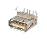 PCB Mount USB a Type Female Right Angle Socket - a silver metal connector with four gold-plated pins and a beige plastic base.