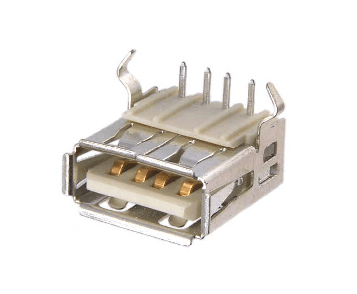 PCB Mount USB a Type Female Right Angle Socket - a silver metal connector with four gold-plated pins and a beige plastic base.