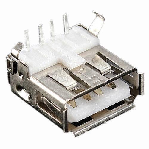 PCB Mount USB a Type Female Right Angle Socket - a silver metal connector housing with a white plastic internal port and four vertical pins.