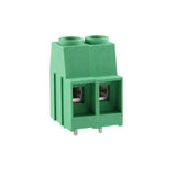PCB Terminal Block KF136 | High-Quality Terminal Block - a two-position green plastic screw-clamp terminal block with two metal pins at the bottom for PCB mounting.