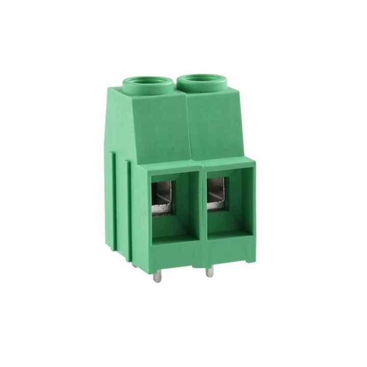 PCB Terminal Block KF136 | High-Quality Terminal Block - a two-position green plastic screw-clamp terminal block with two metal pins at the bottom for PCB mounting.