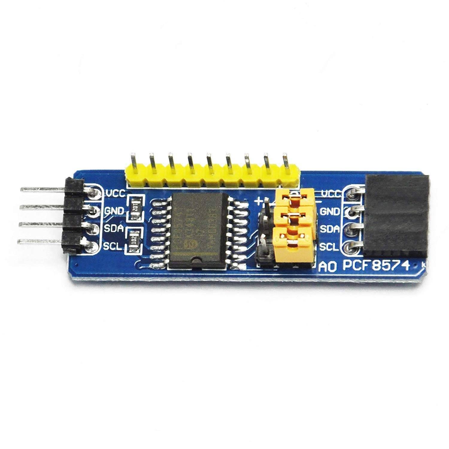 PCF8574 IO Expansion Board I2C-Bus Evaluation Development Module – Expand Your Microcontroller's I/O Capabilities - a blue rectangular module featuring a black IC, yellow jumper caps, and I2C pins on one end and a header on the other.