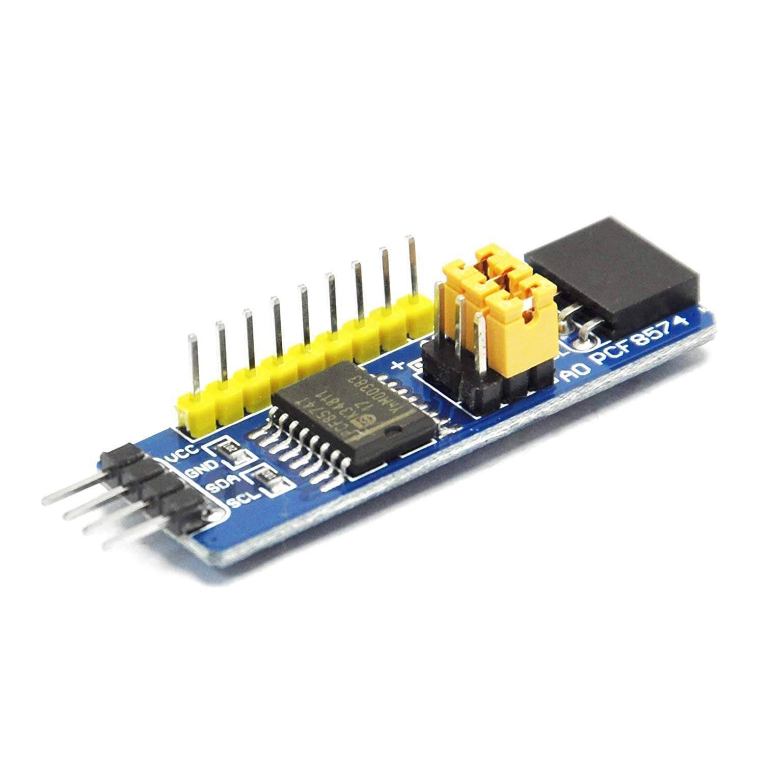 PCF8574 IO Expansion Board I2C-Bus Evaluation Development Module – Expand Your Microcontroller's I/O Capabilities - a blue rectangular module with a black chip, a yellow jumper cap, a row of pins, and four input pins labeled VCC, GND, SDA, SCL.