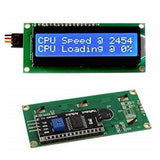PCF8574T I2C 1602 Blue/green Backlight LCD Display Module For Arduino - two views of the green board with a blue screen displaying "CPU Speed @ 2454" and "CPU Loading @ 0%".