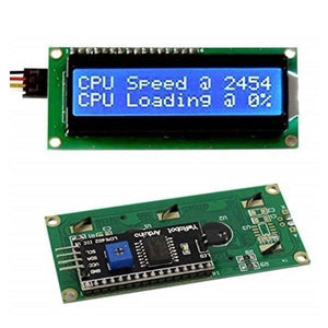 PCF8574T I2C 1602 Blue/green Backlight LCD Display Module For Arduino - two views of the green board with a blue screen displaying "CPU Speed @ 2454" and "CPU Loading @ 0%".
