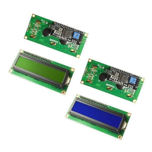 PCF8574T I2C 1602 Blue/green Backlight LCD Display Module For Arduino - shown with green and blue screens, two featuring attached I2C interface boards with blue potentiometers.