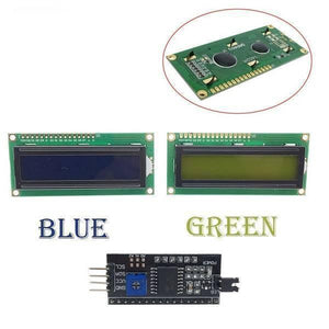 PCF8574T I2C 1602 Blue/green Backlight LCD Display Module For Arduino - blue and green backlight screens, a rear view of the display, and an I2C adapter board with a blue potentiometer.