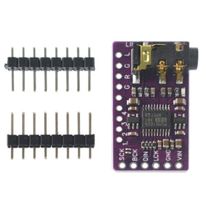PCM5102A I2S DAC Decoder Module GY-PCM5102 – HiFi Audio Interface for Raspberry Pi & ESP32 - a purple circuit board with a 3.5mm audio jack, pin headers, and two separate rows of header pins.