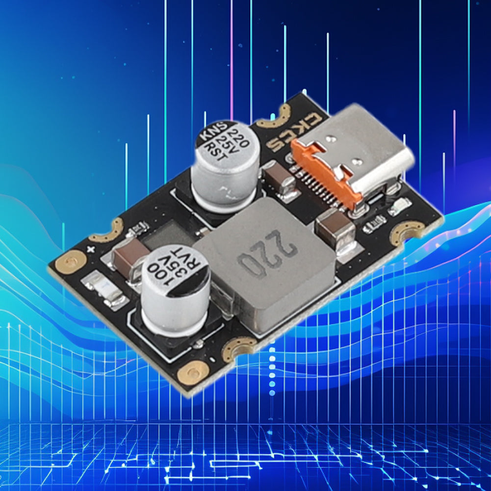 PD 65W Fast Charging Module Type C Interface Fast Charging Adapter Board DC8 to 32V Charging Protection - a black circuit board with a USB-C port, two cylindrical capacitors, and a square inductor on a digital background.