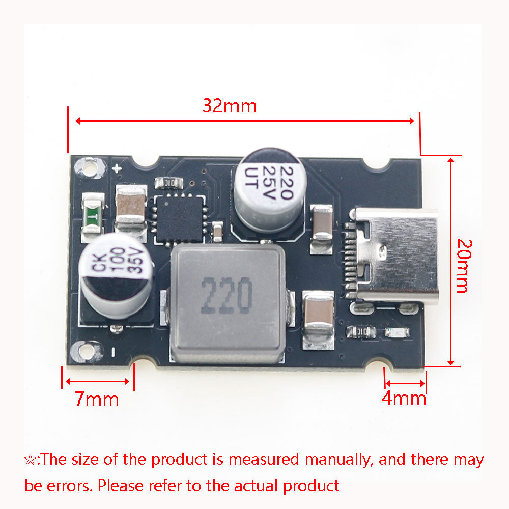 PD 65W Fast Charging Module Type C Interface Fast Charging Adapter Board DC8 to 32V Charging Protection - a black rectangular circuit board with a USB-C port, two capacitors, an inductor, and dimensions.