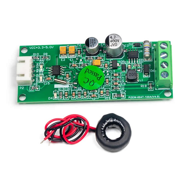 Peacefair PZEM-004T 110V/220V 100A Smart Power Monitor Energy Meter - a green circuit board with a white connector, screw terminals, and an included black current transformer.