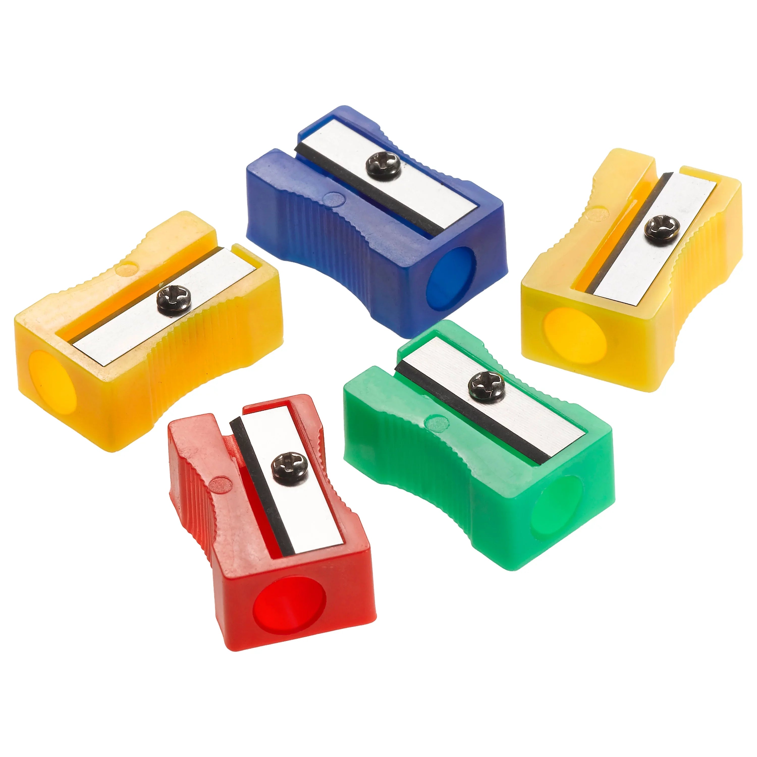 Pencil sharpner - Pencil sharpener set including five plastic sharpeners in yellow, blue, red, and green, each featuring a metal blade secured by a single screw.