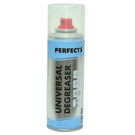 Perfects Universal Degreaser 200ML Original - a silver and blue aerosol spray can with a clear plastic cap and a red nozzle.