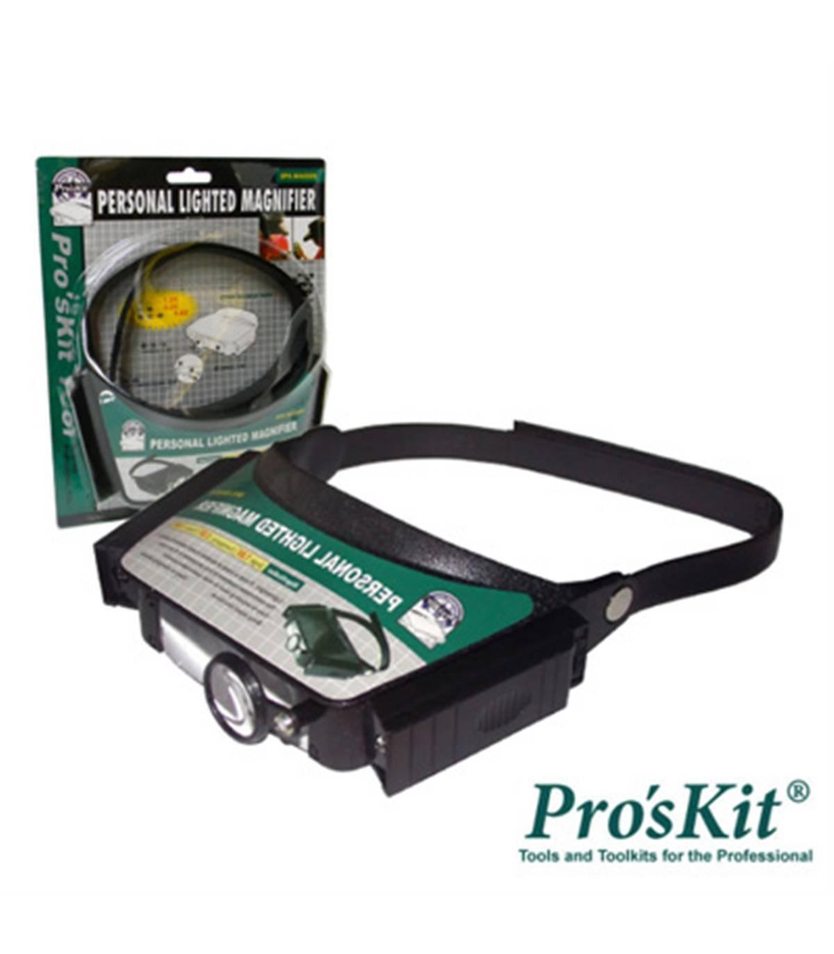 Personal Magnifier Comfortable Headband Light Weight 640mm Proskit 8pk-MA003N - Lighted Magnifier shown as a black headband magnifier with a front-mounted light, displayed alongside its original retail packaging.