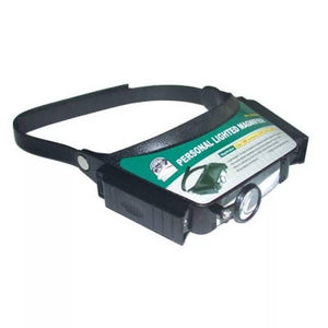 Personal Magnifier Comfortable Headband Light Weight 640mm Proskit 8pk-MA003N - a black adjustable headband, a green label, and a circular LED light mounted on the front.