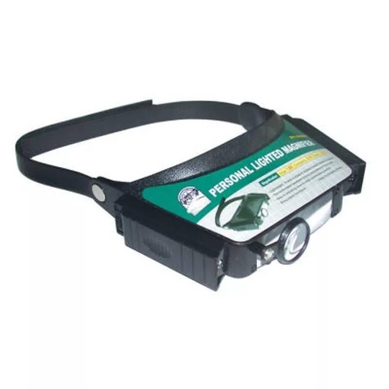 Personal Magnifier Comfortable Headband Light Weight 640mm Proskit 8pk-MA003N - a black adjustable headband, a green label, and a circular LED light mounted on the front.