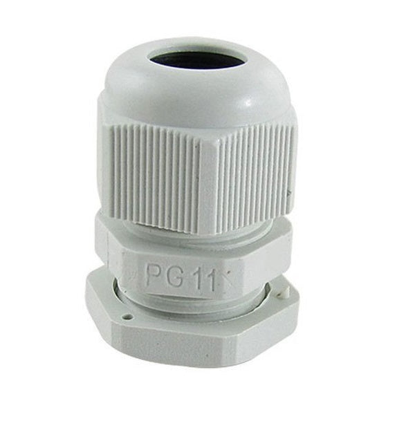 PG11 Cable Gland - a grey plastic circular cable connector with a threaded body and a tightening cap, shown against a plain white background.