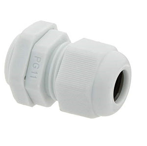 PG11 Cable Gland - a white plastic threaded cable connector with a hexagonal nut and a tightening cap, shown from a side angle.
