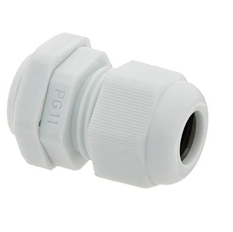 PG11 Cable Gland - a white plastic threaded cable connector with a hexagonal nut and a tightening cap, shown from a side angle.
