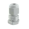 PG7 Cable Gland - shown as a grey plastic connector with a threaded body, a tightening nut, and a hexagonal base with mounting holes.
