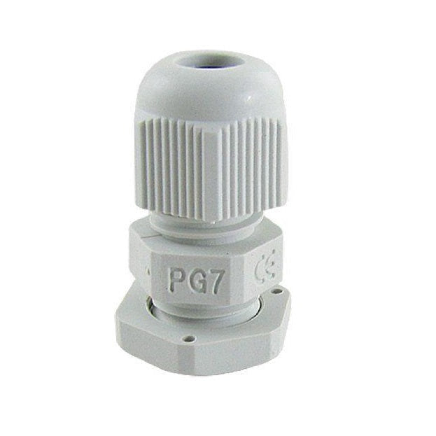 PG7 Cable Gland - shown as a grey plastic connector with a threaded body, a tightening nut, and a hexagonal base with mounting holes.