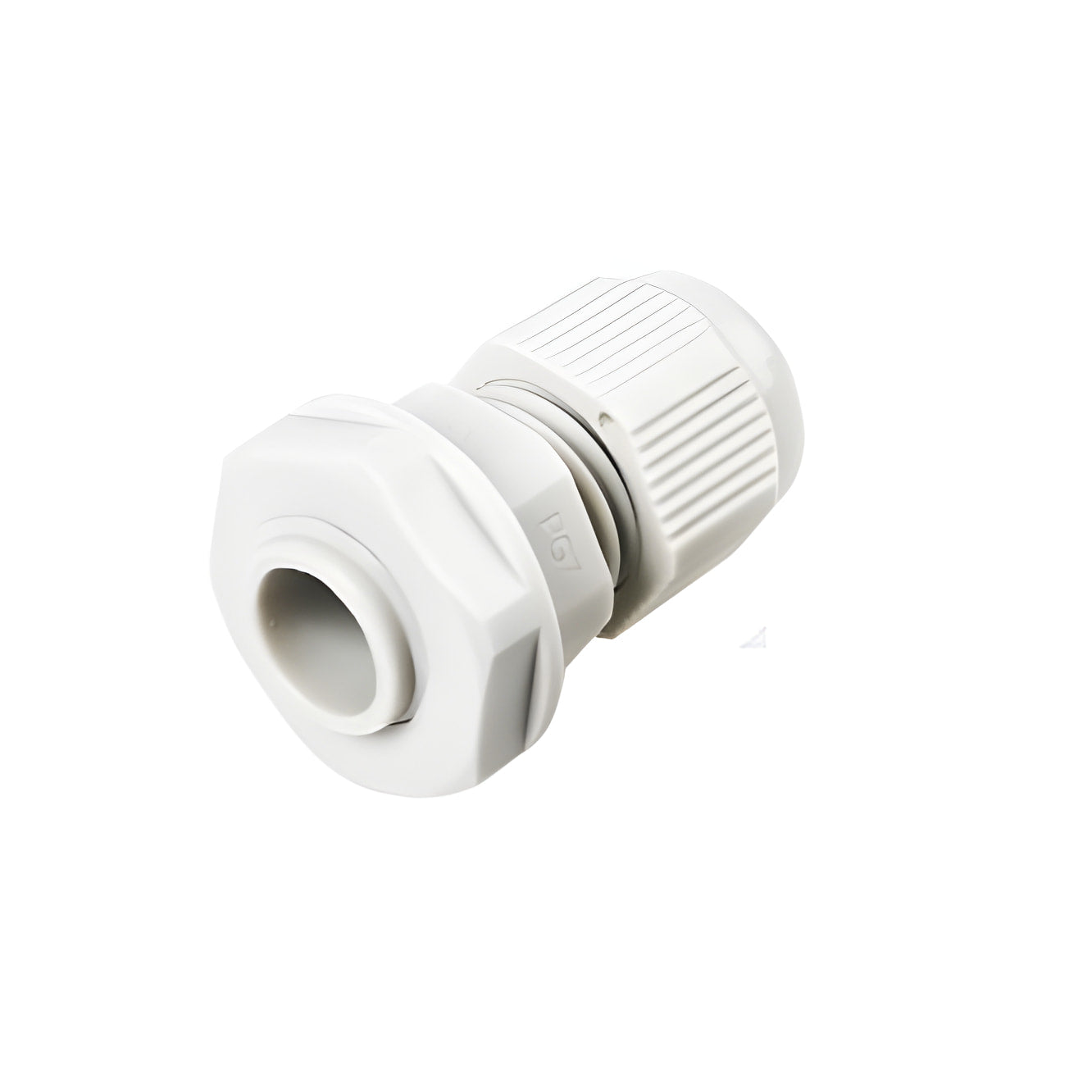 PG7 Cable Gland - shown as a white plastic cable gland with a threaded connector and a tightening nut, viewed from a slight angle against a white background.