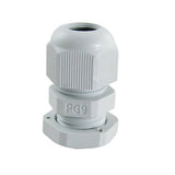 PG9 Cable Gland - a grey plastic cable connector shown from a side angle, featuring a threaded body, a locking nut, and a tightening cap.