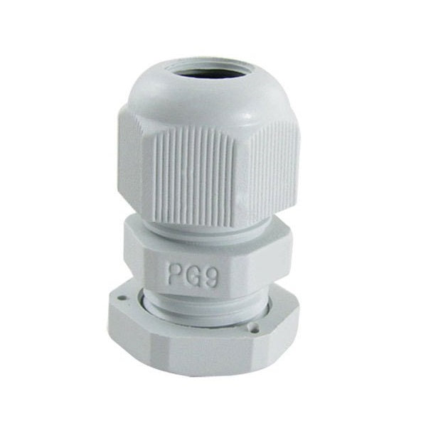 PG9 Cable Gland - a grey plastic cable connector shown from a side angle, featuring a threaded body, a locking nut, and a tightening cap.
