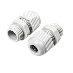 PG9 Cable Gland - two grey plastic cable glands with threaded bodies and tightening nuts, isolated against a white background.