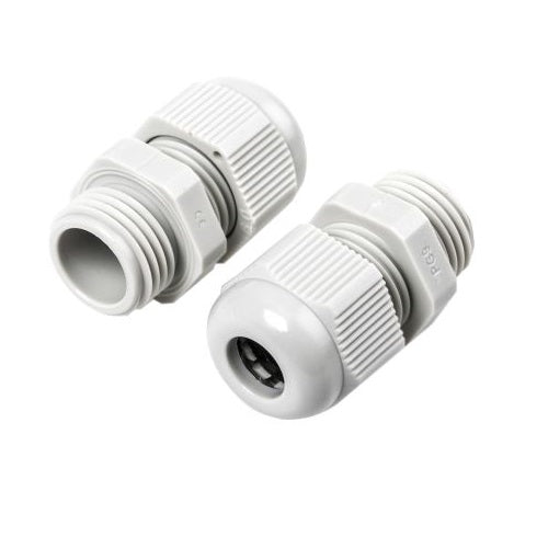 PG9 Cable Gland - two grey plastic cable glands with threaded bodies and tightening nuts, isolated against a white background.