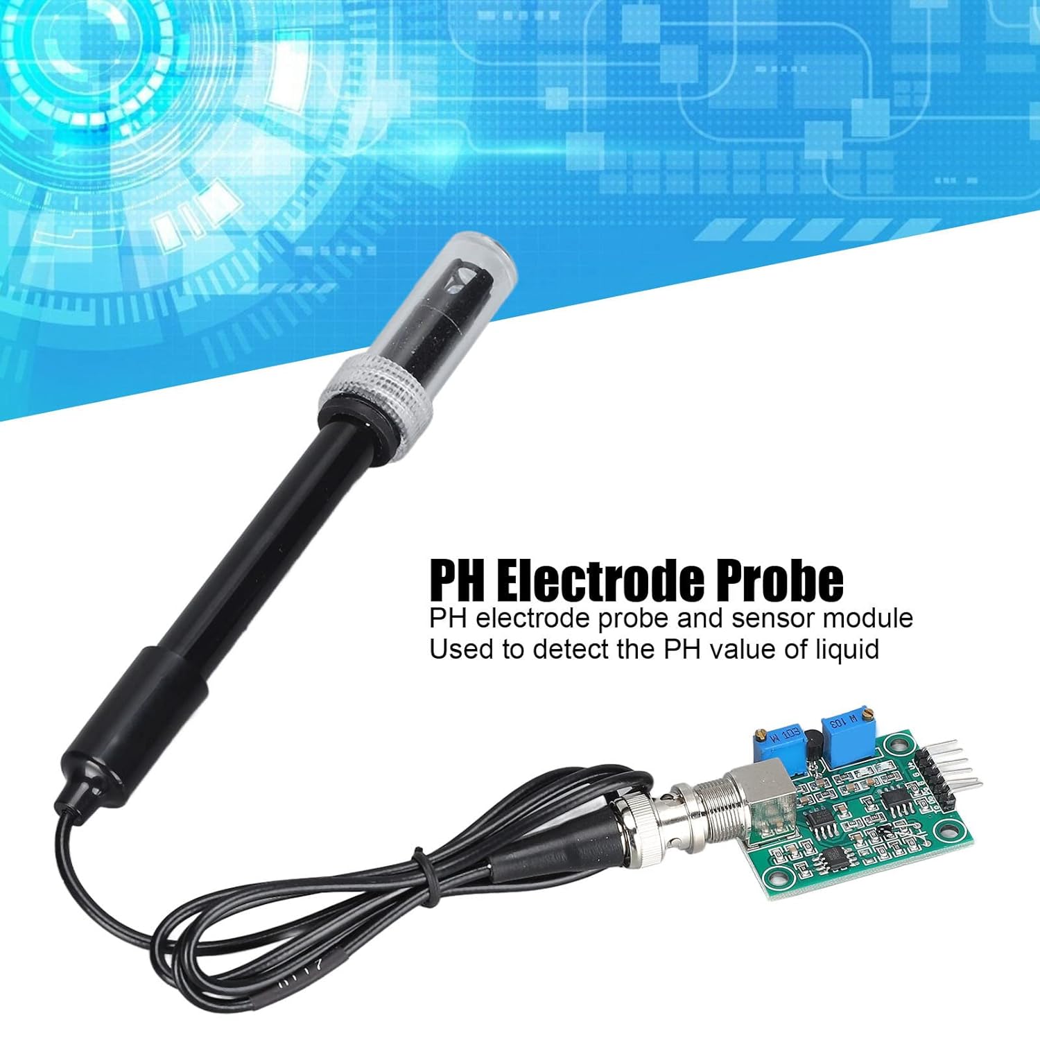 Ph Sensor Gravity Sensor Module - a black glass pH probe connected via a BNC connector to a green circuit board with two blue potentiometers.