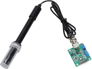 Ph Sensor Gravity Sensor Module - shown with a black probe connected via a cable to a green circuit board featuring a BNC connector and two blue potentiometers.