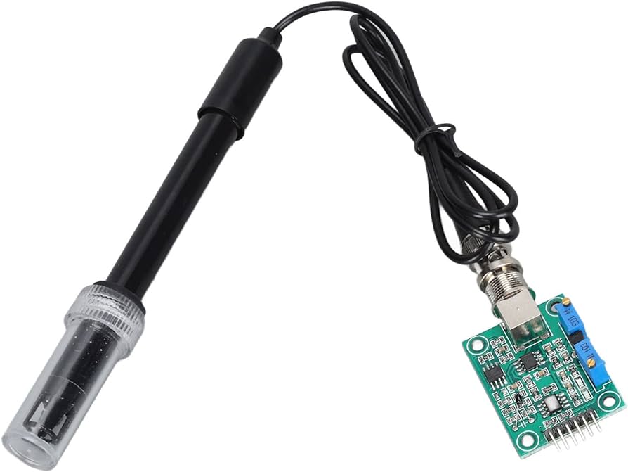 Ph Sensor Gravity Sensor Module - shown with a black probe connected via a cable to a green circuit board featuring a BNC connector and two blue potentiometers.
