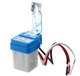 Photocell Automatic Light Control Sun Switch LDR AS-10-220 Day Night Sensor Switch - with a blue and grey housing, steel mounting bracket and three red, black and white flying leads.
