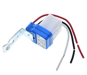 Photocell Automatic Light Control Sun Switch LDR AS-10-220 Day Night Sensor Switch - a blue and white light sensor with a metal mounting bracket and three colored wire leads.