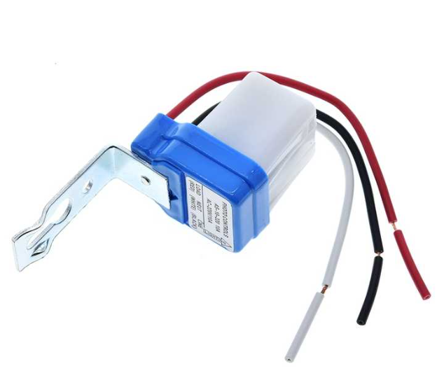 Photocell Automatic Light Control Sun Switch LDR AS-10-220 Day Night Sensor Switch - a blue and white light sensor with a metal mounting bracket and three colored wire leads.
