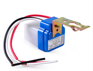 Photocell Automatic Light Control Sun Switch LDR AS-10-220 Day Night Sensor Switch - a blue and white sensor with a metal mounting bracket and three colored wire leads.