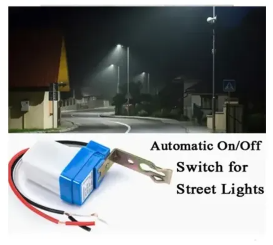 Photocell Automatic Light Control Sun Switch LDR AS-10-220 Day Night Sensor Switch - a blue and white sensor with a metal mounting bracket and three colored wire leads.