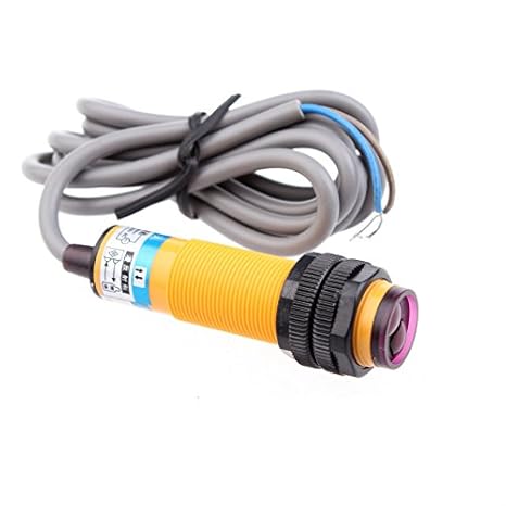 Photoelectric switch sensor E3F-DS10C4 diffuse type NPN NO DC 3 Wires transducer - a yellow cylindrical device with a black threaded housing, a lens, and an attached grey three-wire cable.